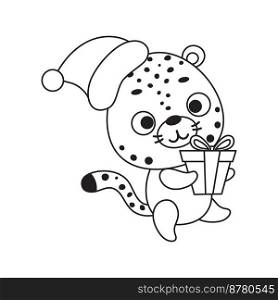 Coloring page cute little cheetah carries gift box. Coloring book for kids. Educational activity for preschool years kids and toddlers with cute animal. Vector stock illustration