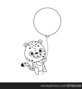 Coloring page cute little cheetah flies on balloon. Coloring book for kids. Educational activity for preschool years kids and toddlers with cute animal. Vector stock illustration