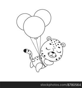 Coloring page cute little cheetah flying on balloons. Coloring book for kids. Educational activity for preschool years kids and toddlers with cute animal. Vector stock illustration