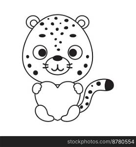 Coloring page cute little cheetah holds heart. Coloring book for kids. Educational activity for preschool years kids and toddlers with cute animal. Vector stock illustration