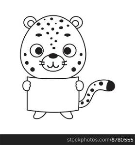 Coloring page cute little cheetah holds paper sheet. Coloring book for kids. Educational activity for preschool years kids and toddlers with cute animal. Vector stock illustration