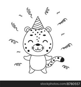 Coloring page cute little cheetah in birthday hat. Coloring book for kids. Educational activity for preschool years kids and toddlers with cute animal. Vector stock illustration