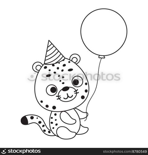 Coloring page cute little cheetah in birthday hat hold balloon. Coloring book for kids. Educational activity for preschool years kids and toddlers with cute animal. Vector stock illustration