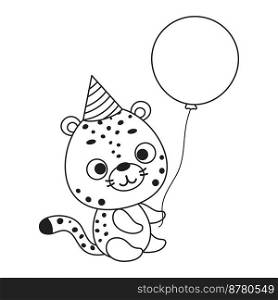 Coloring page cute little cheetah in birthday hat hold balloon. Coloring book for kids. Educational activity for preschool years kids and toddlers with cute animal. Vector stock illustration