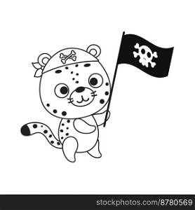 Coloring page cute little cheetah with pirate flag. Coloring book for kids. Educational activity for preschool years kids and toddlers with cute animal. Vector stock illustration