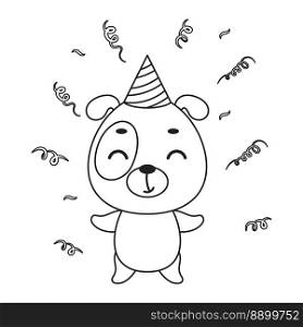 Coloring page cute little dog in birthday hat. Coloring book for kids. Edudogional activity for preschool years kids and toddlers with cute animal. Vector stock illustration