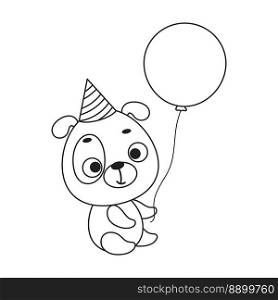 Coloring page cute little dog in birthday hat hold balloon. Coloring book for kids. Edudogional activity for preschool years kids and toddlers with cute animal. Vector stock illustration