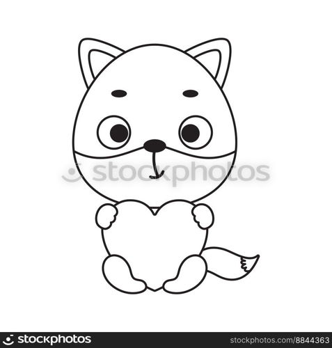Coloring page cute little fox holds heart. Coloring book for kids. Educational activity for preschool years kids and toddlers with cute animal. Vector stock illustration