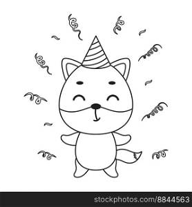 Coloring page cute little fox in birthday hat. Coloring book for kids. Educational activity for preschool years kids and toddlers with cute animal. Vector stock illustration