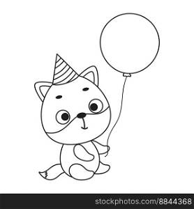 Coloring page cute little fox in birthday hat hold balloon. Coloring book for kids. Educational activity for preschool years kids and toddlers with cute animal. Vector stock illustration