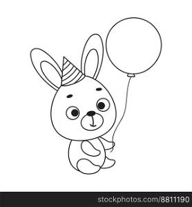 Coloring page cute little hare in birthday hat hold balloon. Coloring book for kids. Educational activity for preschool years kids and toddlers with cute animal. Vector stock illustration