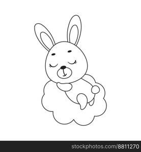 Coloring page cute little hare sleeping on cloud. Coloring book for kids. Educational activity for preschool years kids and toddlers with cute animal. Vector stock illustration