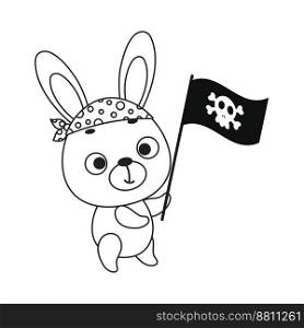 Coloring page cute little hare with pirate flag. Coloring book for kids. Educational activity for preschool years kids and toddlers with cute animal. Vector stock illustration