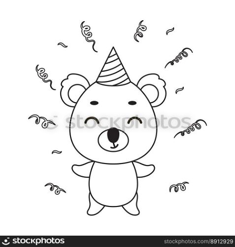 Coloring page cute little koala in birthday hat. Coloring book for kids. Educational activity for preschool years kids and toddlers with cute animal. Vector stock illustration