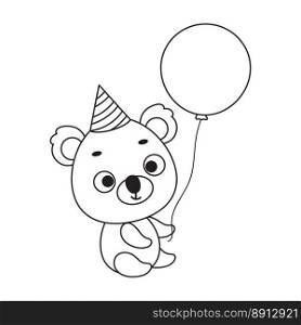 Coloring page cute little koala in birthday hat hold balloon. Coloring book for kids. Educational activity for preschool years kids and toddlers with cute animal. Vector stock illustration