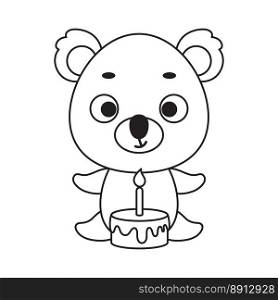Coloring page cute little koala with birthday cake. Coloring book for kids. Educational activity for preschool years kids and toddlers with cute animal. Vector stock illustration