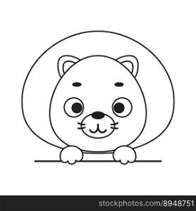 Coloring page cute little lion head. Coloring book for kids. Edulionional activity for preschool years kids and toddlers with cute animal. Vector stock illustration