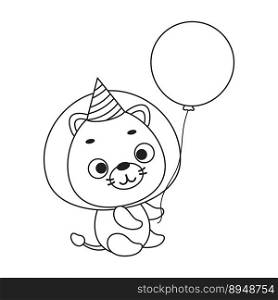 Coloring page cute little lion in birthday hat hold balloon. Coloring book for kids. Edulionional activity for preschool years kids and toddlers with cute animal. Vector stock illustration
