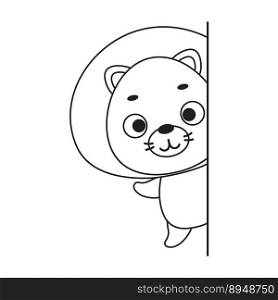 Coloring page cute little lion peeking around corner. Coloring book for kids. Edulionional activity for preschool years kids and toddlers with cute animal. Vector stock illustration