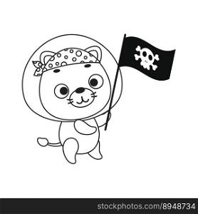 Coloring page cute little lion with pirate flag. Coloring book for kids. Edulionional activity for preschool years kids and toddlers with cute animal. Vector stock illustration