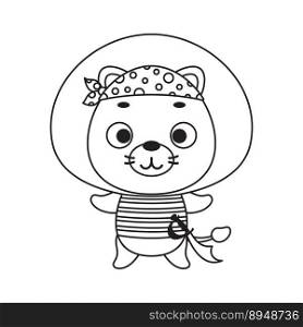 Coloring page cute little pirate lion. Coloring book for kids. Edulionional activity for preschool years kids and toddlers with cute animal. Vector stock illustration