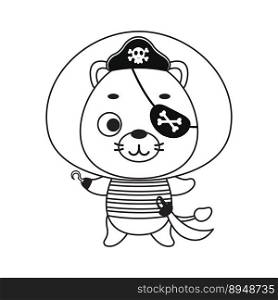 Coloring page cute little pirate lion with hook and blindfold. Coloring book for kids. Edulionional activity for preschool years kids and toddlers with cute animal. Vector stock illustration