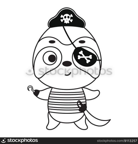 Coloring page cute little pirate sloth with hook and blindfold. Coloring book for kids. Educational activity for preschool years kids and toddlers with cute animal. Vector stock illustration