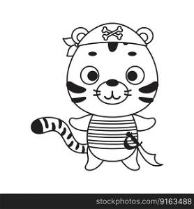 Coloring page cute little pirate tiger. Coloring book for kids. Educational activity for preschool years kids and toddlers with cute animal. Vector stock illustration