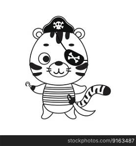 Coloring page cute little pirate tiger with hook and blindfold. Coloring book for kids. Educational activity for preschool years kids and toddlers with cute animal. Vector stock illustration