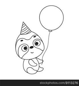 Coloring page cute little sloth in birthday hat hold balloon. Coloring book for kids. Educational activity for preschool years kids and toddlers with cute animal. Vector stock illustration