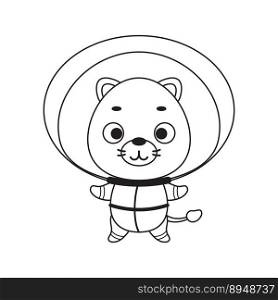 Coloring page cute little spaceman lion. Coloring book for kids. Edulionional activity for preschool years kids and toddlers with cute animal. Vector stock illustration