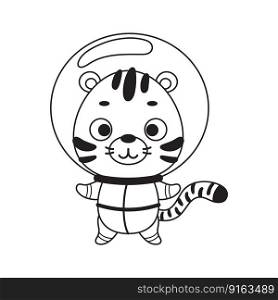 Coloring page cute little spaceman tiger. Coloring book for kids. Educational activity for preschool years kids and toddlers with cute animal. Vector stock illustration