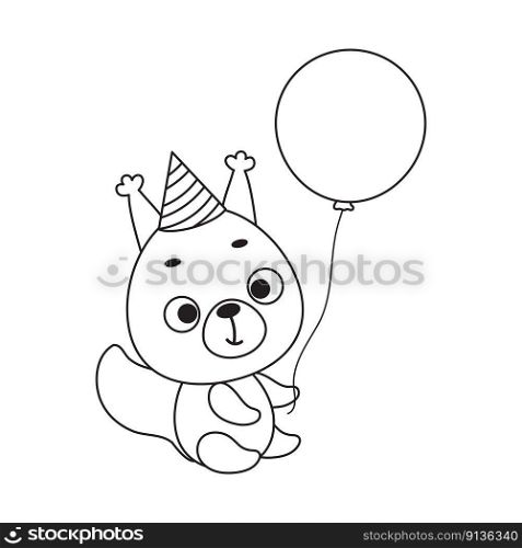 Coloring page cute little squirrel in birthday hat hold balloon. Coloring book for kids. Educational activity for preschool years kids and toddlers with cute animal. Vector stock illustration