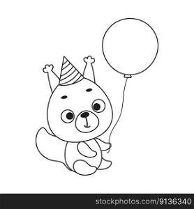 Coloring page cute little squirrel in birthday hat hold balloon. Coloring book for kids. Educational activity for preschool years kids and toddlers with cute animal. Vector stock illustration