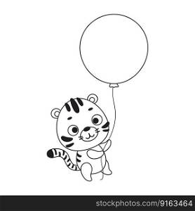 Coloring page cute little tiger flies on balloon. Coloring book for kids. Educational activity for preschool years kids and toddlers with cute animal. Vector stock illustration