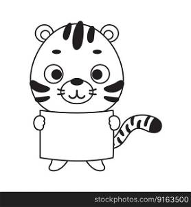 Coloring page cute little tiger holds paper sheet. Coloring book for kids. Educational activity for preschool years kids and toddlers with cute animal. Vector stock illustration