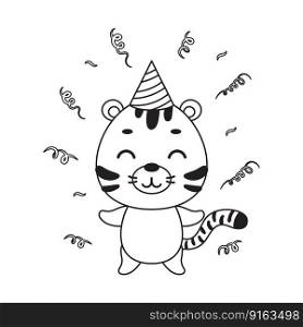 Coloring page cute little tiger in birthday hat. Coloring book for kids. Educational activity for preschool years kids and toddlers with cute animal. Vector stock illustration