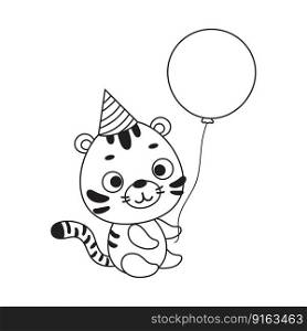 Coloring page cute little tiger in birthday hat hold balloon. Coloring book for kids. Educational activity for preschool years kids and toddlers with cute animal. Vector stock illustration