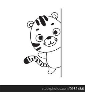 Coloring page cute little tiger peeking around corner. Coloring book for kids. Educational activity for preschool years kids and toddlers with cute animal. Vector stock illustration