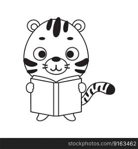 Coloring page cute little tiger reads book. Coloring book for kids. Educational activity for preschool years kids and toddlers with cute animal. Vector stock illustration