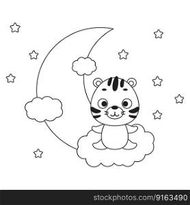 Coloring page cute little tiger sitting on cloud. Coloring book for kids. Educational activity for preschool years kids and toddlers with cute animal. Vector stock illustration