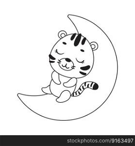 Coloring page cute little tiger sleeping on moon. Coloring book for kids. Educational activity for preschool years kids and toddlers with cute animal. Vector stock illustration