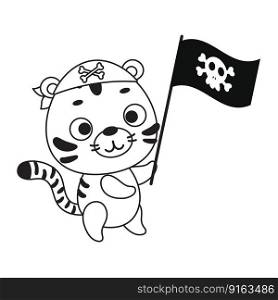 Coloring page cute little tiger with pirate flag. Coloring book for kids. Educational activity for preschool years kids and toddlers with cute animal. Vector stock illustration