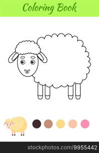 Coloring page happy sheep. Coloring book for kids. Educational activity for preschool years kids and toddlers with cute animal. Flat cartoon colorful vector illustration.