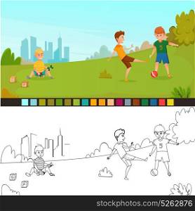 Coloring Page Kids Composition. Coloring page kids composition with two pics not painted and painted for childrens creativity vector illustration