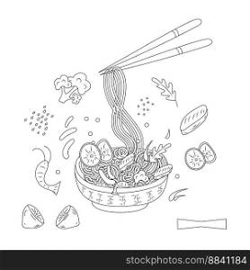 Coloring page noodles and ingredients. Shrimps, lemon, vegetables. Asian food. Vector illustration for child art, cover, print, coloring, menu, postcards, banner and social media post. Coloring page noodles and ingredients. Shrimps, lemon, vegetables. Asian food. Vector illustration