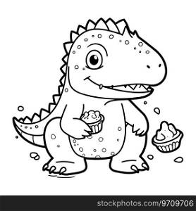 Coloring Page Outline Of a dinosaur with cupcake for children