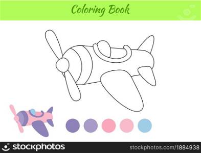 Coloring page plane for children. Educational activity page for preschool years kids and toddlers with transport. Printable worksheet. Cartoon colorful vector illustration.