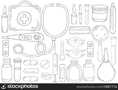 Coloring page. Set of doctor&rsquo;s tools in hand draw style. Ambulance doctor tools, medical case, medications, stethoscope, masks. Monochrome medical illustrations. Coloring pages, black and white
