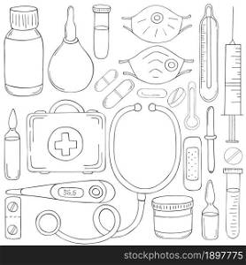 Coloring page. Set of doctor&rsquo;s tools in hand draw style. Ambulance doctor tools, medical case, medications, stethoscope. Monochrome medical illustrations. Coloring pages, black and white